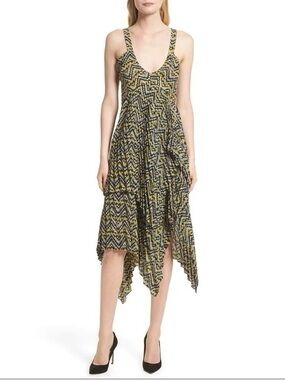 ALC Kendall Ikat Silk Asymmetrical Pleated V-Neck Sleeveless Midi Dress in 4